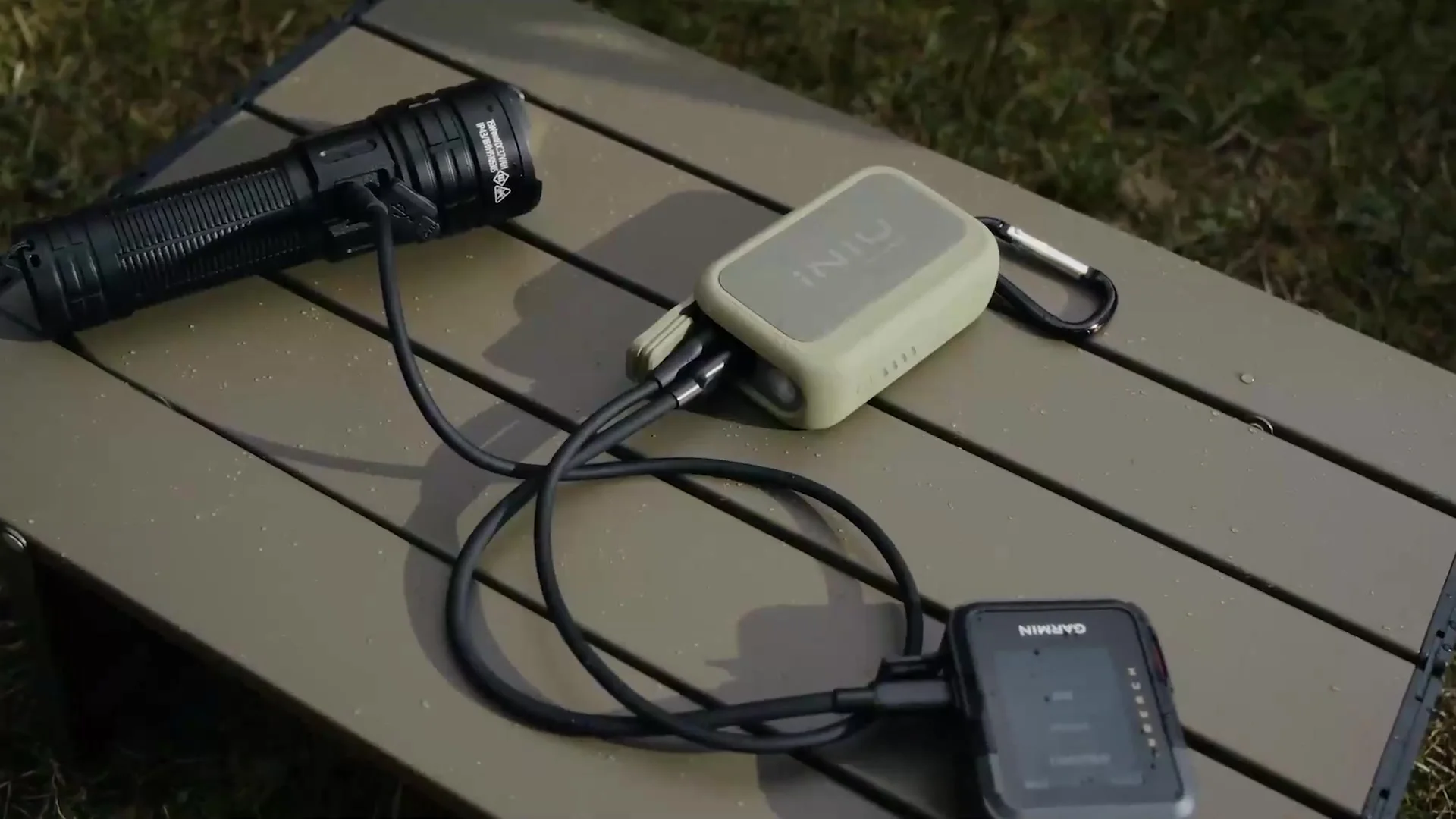 Ranger Green INIU Rugged 10000 connected by two USB-C cables