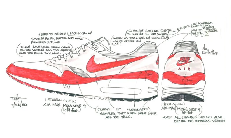 Air Max运动鞋设计草图，展示侧面与后跟视角
