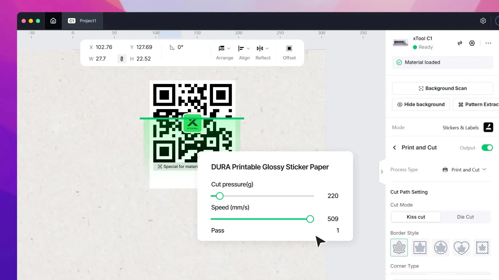 xTool C1 软件识别 DURA 可打印光面贴纸上的二维码