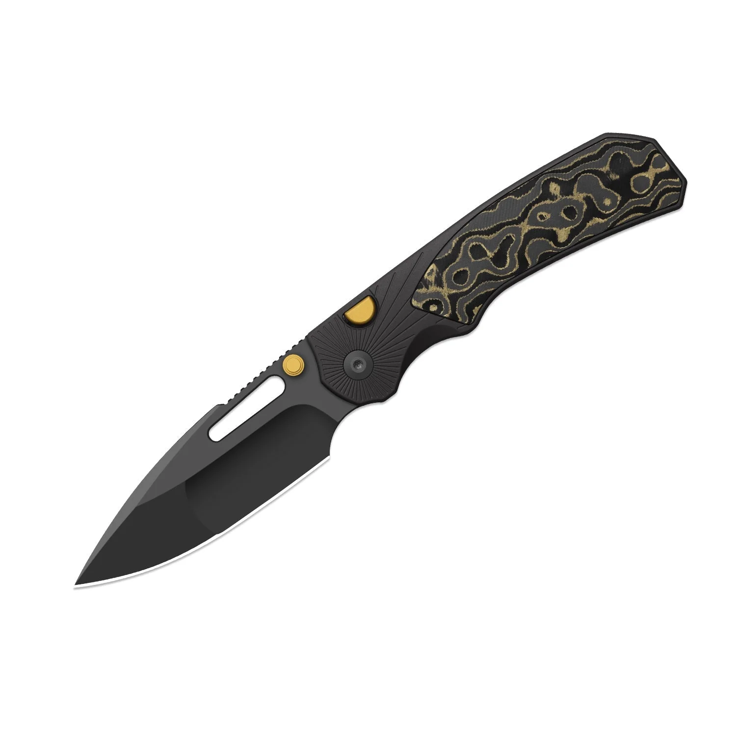 Kizer Durandal K3765BD2 展开的刀刃与 Camo Gold 手柄
