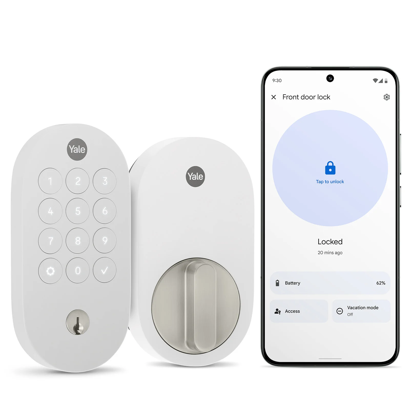 Snow Yale YRD510 Smart Lock with Matter, showing the exterior keyway, interior unit and Google Home app